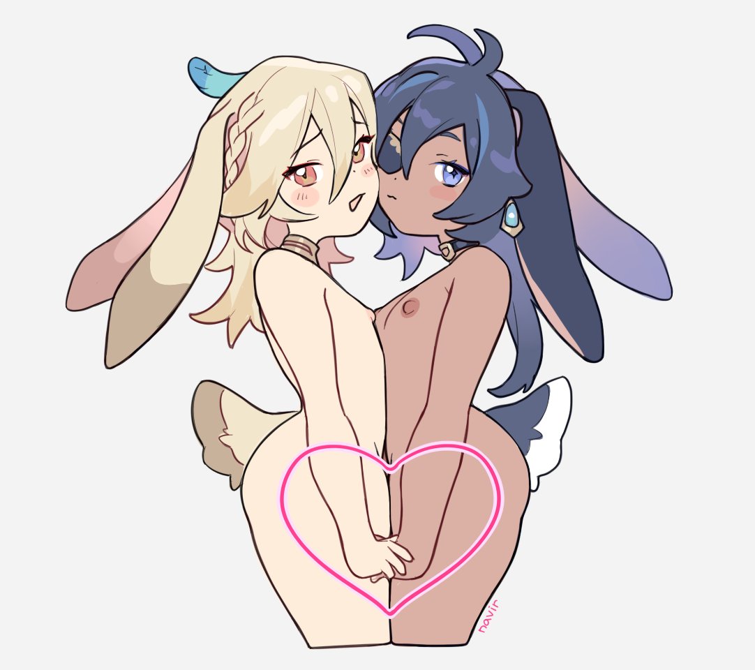 the image is a nude bunny fanart of genshin impact characters kaeya and aether. aether is on the left, and kaeya is on the right. they both have bunny ears and tails, and they are holding hands to cover their genitals. there is a heart drawn in front of their hands.