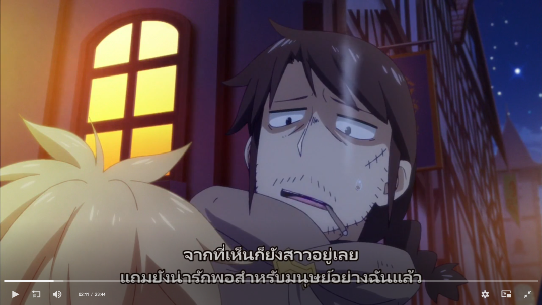 the image shows two anime characters talking. the character on the left is a blonde haired woman. the character on the right is a male with brown hair and a beard. he is holding a cigarette in his mouth. the image is set in a town at night. there are buildings and streetlights behind the characters. there are stars in the night sky. the characters are having a conversation. the male seems a bit bored, while the female is attentive.  a white box with yellow text at the bottom displays dialogue in a foreign language. the text is likely from a scene in an anime show.