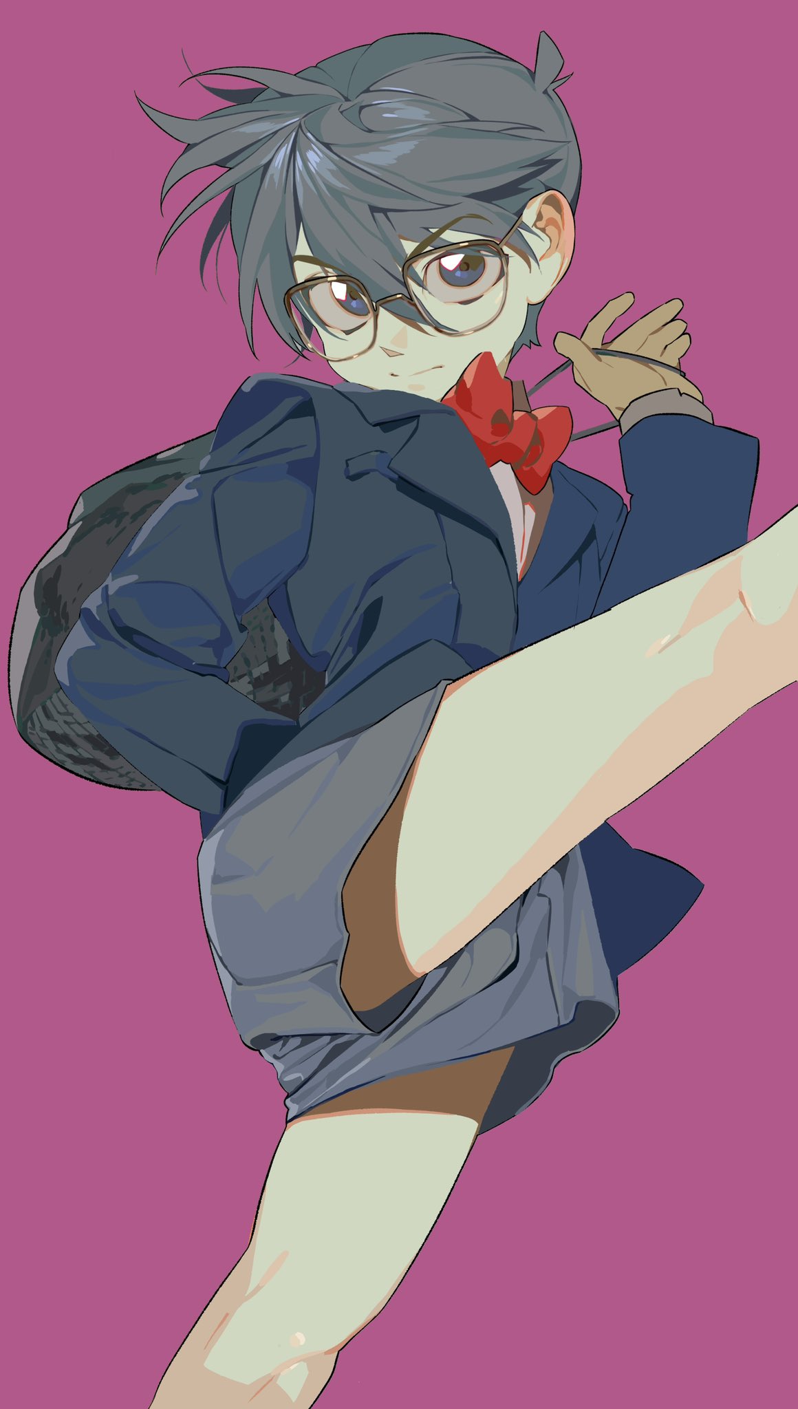 an anime boy wearing glasses, a red bow tie, a blue suit jacket, and a backpack raises one leg forward against a pink background.