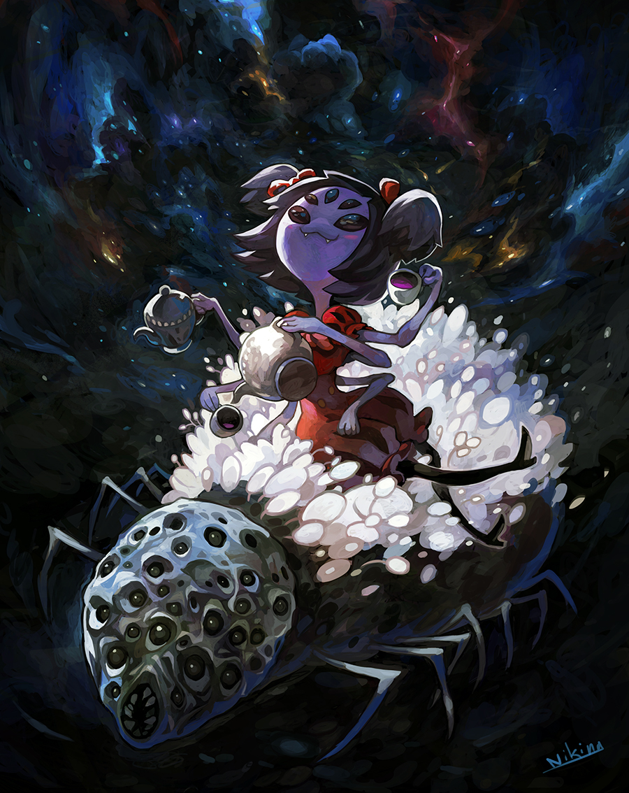 a dark, detailed, digital illustration of a spider monster with a girl sitting atop it. the girl has 3 eyes and is wearing a red dress. the spider has a large, white, fluffy back with many eyes on it. the background is a dark, starry space. the spider is holding a teacup and teapot in it's multiple arms. the girl is offering the teacup to the viewer. the spider's large eyes are all staring directly at the viewer.  the image has a dark, creepy, but cute and whimsical feel.