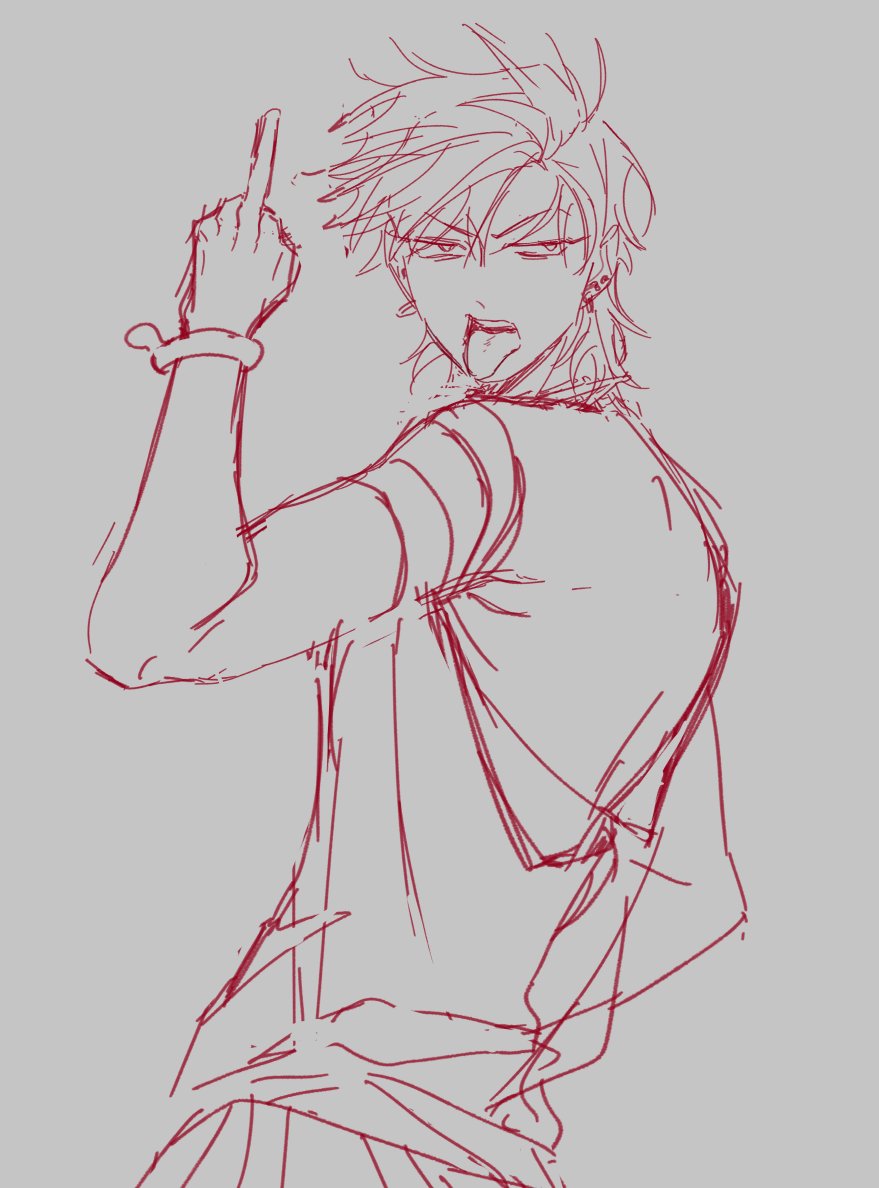 a handdrawn line art sketch of an anime character. the character is a young male with messy hair. he's wearing a shirt and sticking his middle finger up, sticking his tongue out and looks rebellious.  the sketch is drawn with a red pen, and the character's outline is visible but with no shading or details.