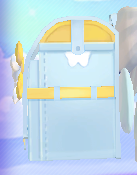 this image shows a screenshot from the roblox game adopt me. the image includes a light blue opened cracked egg with yellow detail that has a pair of feathered white wings sticking out of it and a cloud background.