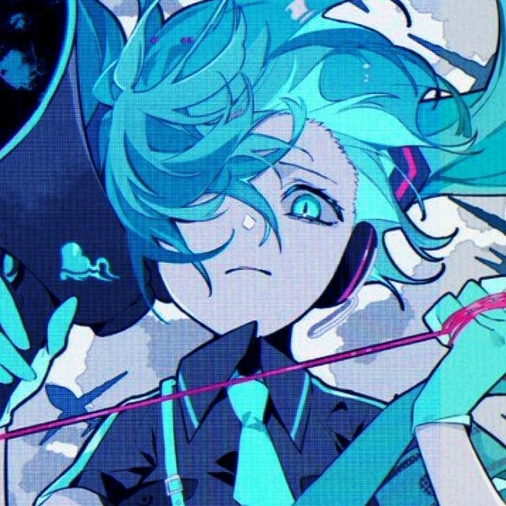 the image shows an animestyle drawing of a boy with blue hair, wearing a dark suit with a matching tie, and light blue gloves. he has headphones on and is holding a pink string. the style of the image appears digital.