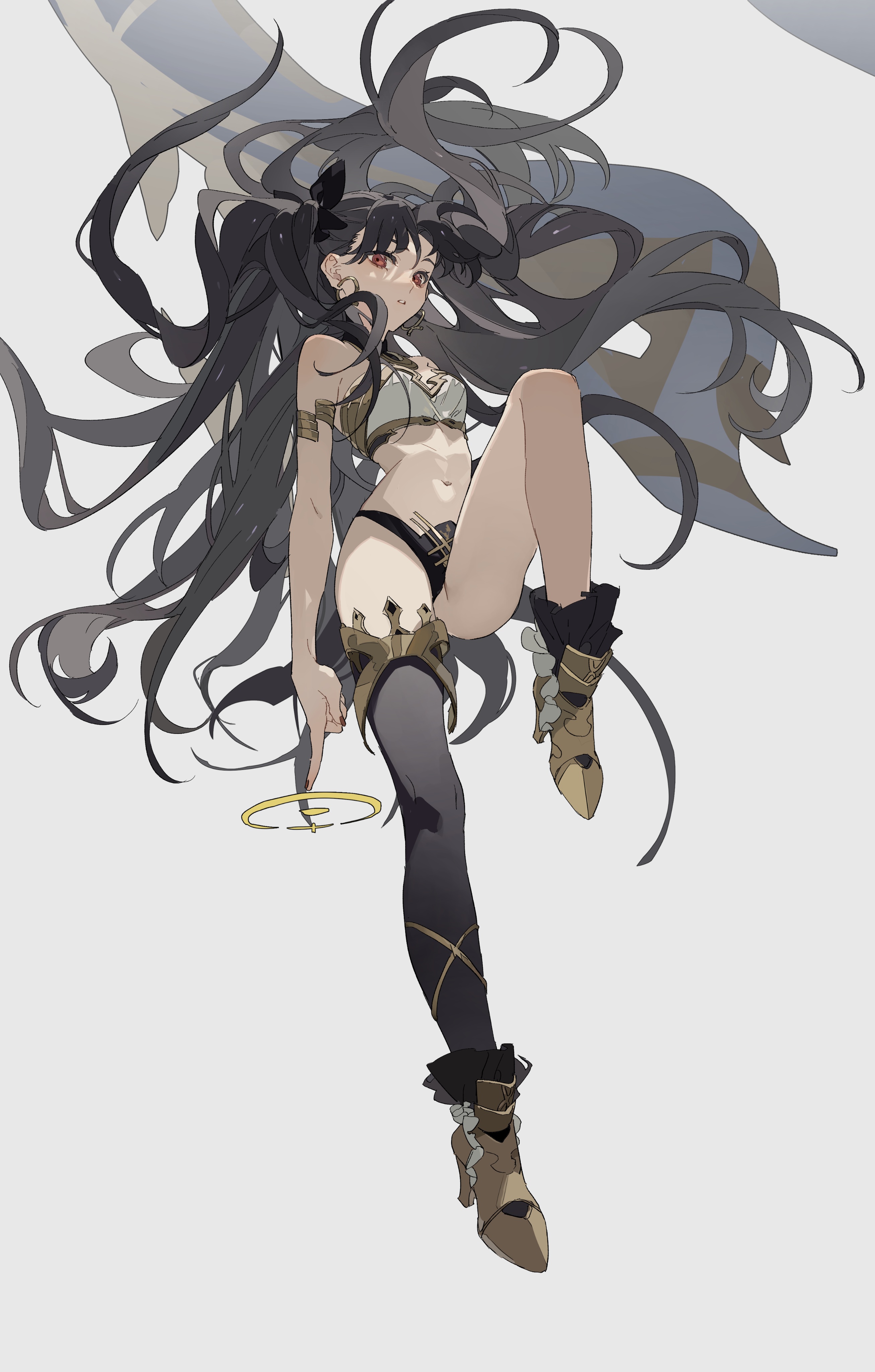 he image is a digital painting or illustration of a stylized animestyle female character. she has long, dark hair that flows dynamically around her. she is wearing a fantasyinspired outfit that includes a twopiece top and bottom, thighhigh stockings, and decorative boots. her pose is energetic and graceful, as if she's floating or leaping through the air. the overall style is expressive and vibrant, with a focus on creating a sense of movement and energy. the color palette is muted, but the character design itself is striking and visually engaging. the background is a simple light gray, making the character the clear focal point of the image.  the art style suggests it could be concept art for a video game or anime.