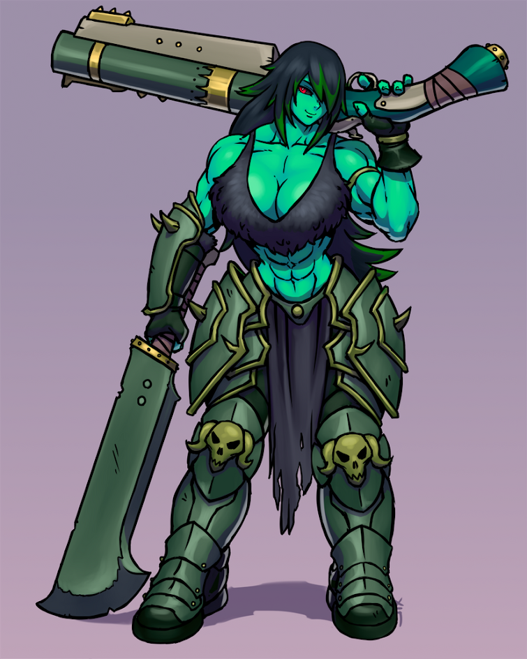 a digital illustration of a female orc warrior, wearing armor and wielding a sword and a gun. she has green skin, long black hair, and is standing with a fierce expression on her face.