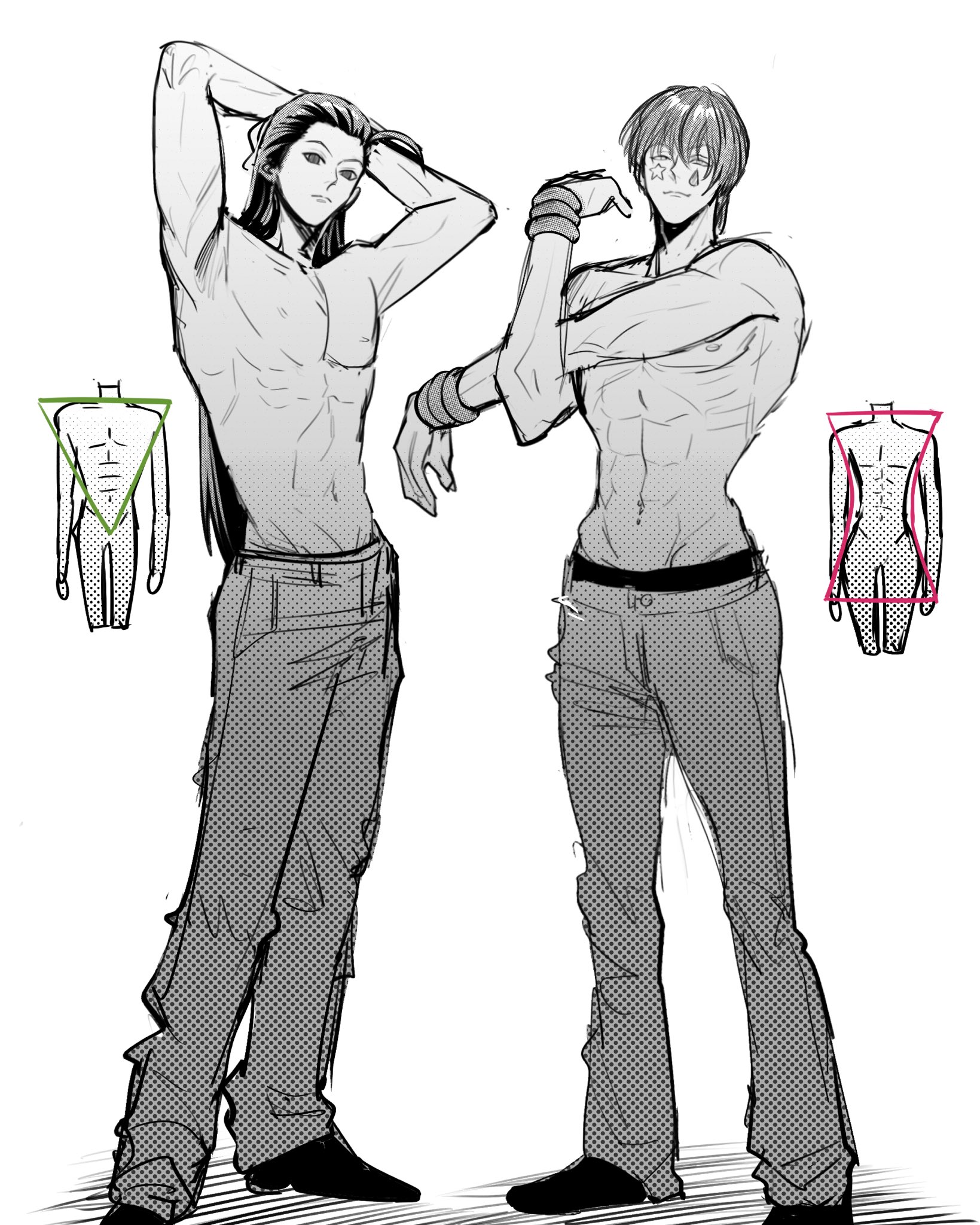 he image contains a drawing of two animestyle male figures.  both are shirtless, displaying musculature, and are wearing pants. one has long hair and is posing with his hands behind his head, while the other has shorter hair and is posing with his arms crossed.  simple geometrical shapes outlining the torsos of simplified versions of each figure are included as a visual aid or design element. the style is reminiscent of manga or anime artwork. the lines are dynamic and expressive, characteristic of a sketch or rough draft.  the overall tone is grayscale.