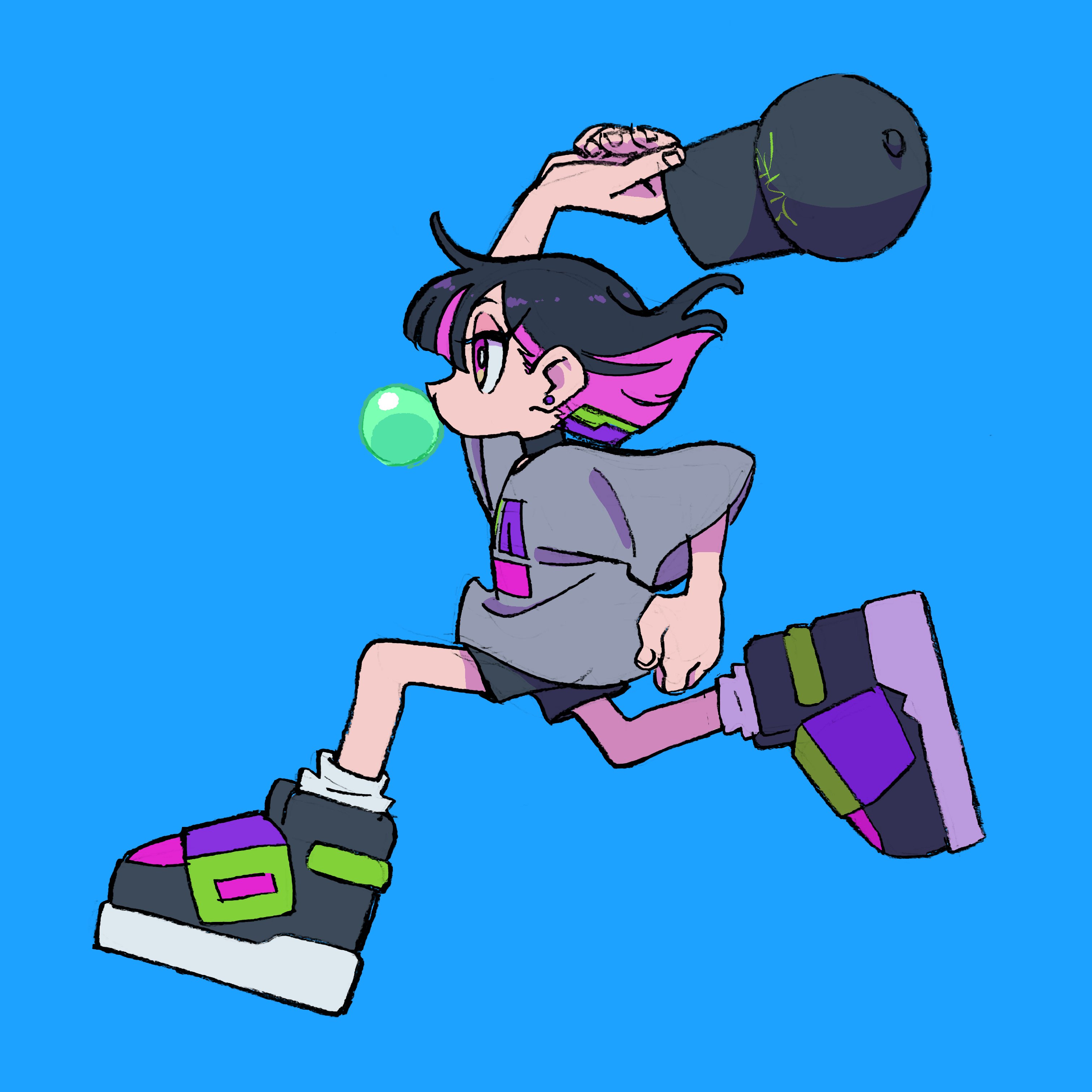 a cartoon girl with black hair streaked with purple and green is illustrated running from left to right, her body angled forward as if in motion. she has a bubblegum bubble coming from her mouth. she is wearing a grey tshirt, purple shorts and colorful green, purple, black and white sneakers and is holding a black and green ball and chain over her head as if to throw it. the background is a solid bright blue.