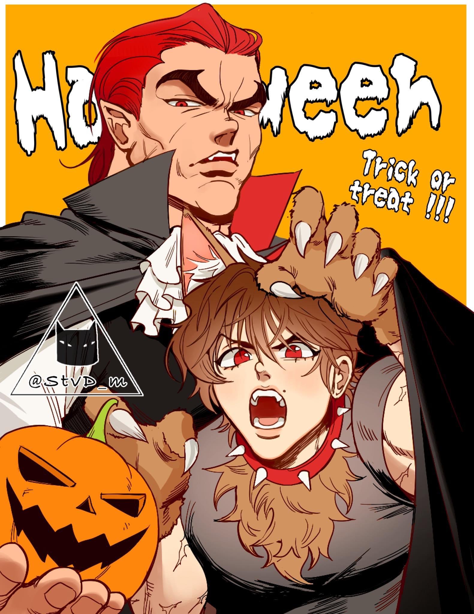 this is a digital illustration of a vampire and a werewolf. the vampire is wearing a black cape and has red hair and fangs. the werewolf is wearing a grey shirt and has brown hair and large, sharp claws. they both have a mischievous look on their faces and seem to be getting ready to go trickortreating. the vampire is holding a pumpkin with a spooky face.  the illustration has a fun, cartoonish style.  it's perfect for celebrating halloween.