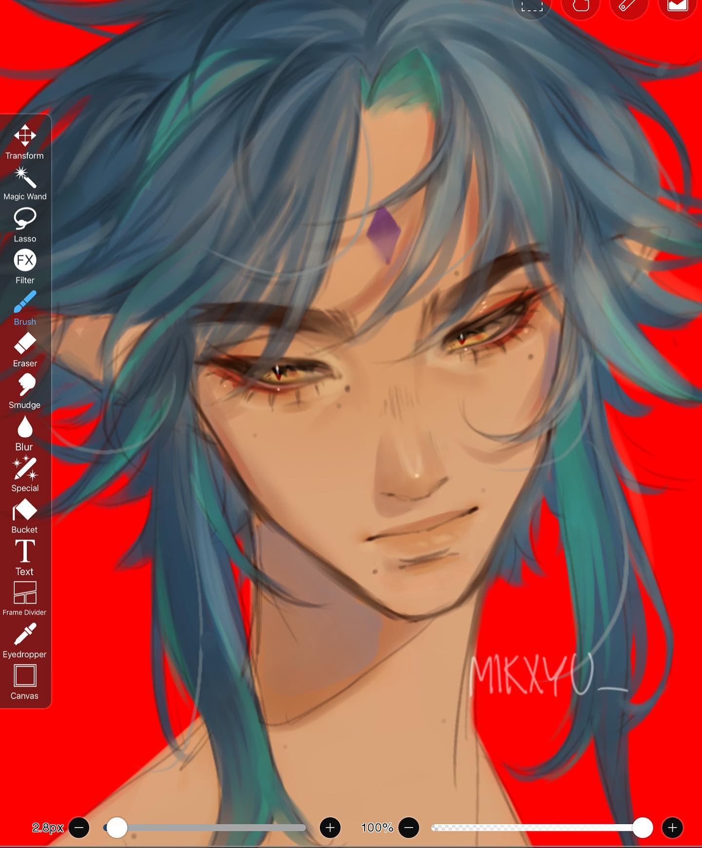 the image shows a digital painting in progress of a young animestyle male character with blue and teal hair. the character has expressive eyes and a serious expression. the background is red.  the image also shows the digital painting software interface with various tools and options visible, including brush size, opacity, zoom, and layer selection.  a watermark "mikxyu_" is visible on the image.  the overall style is artistic and stylized.