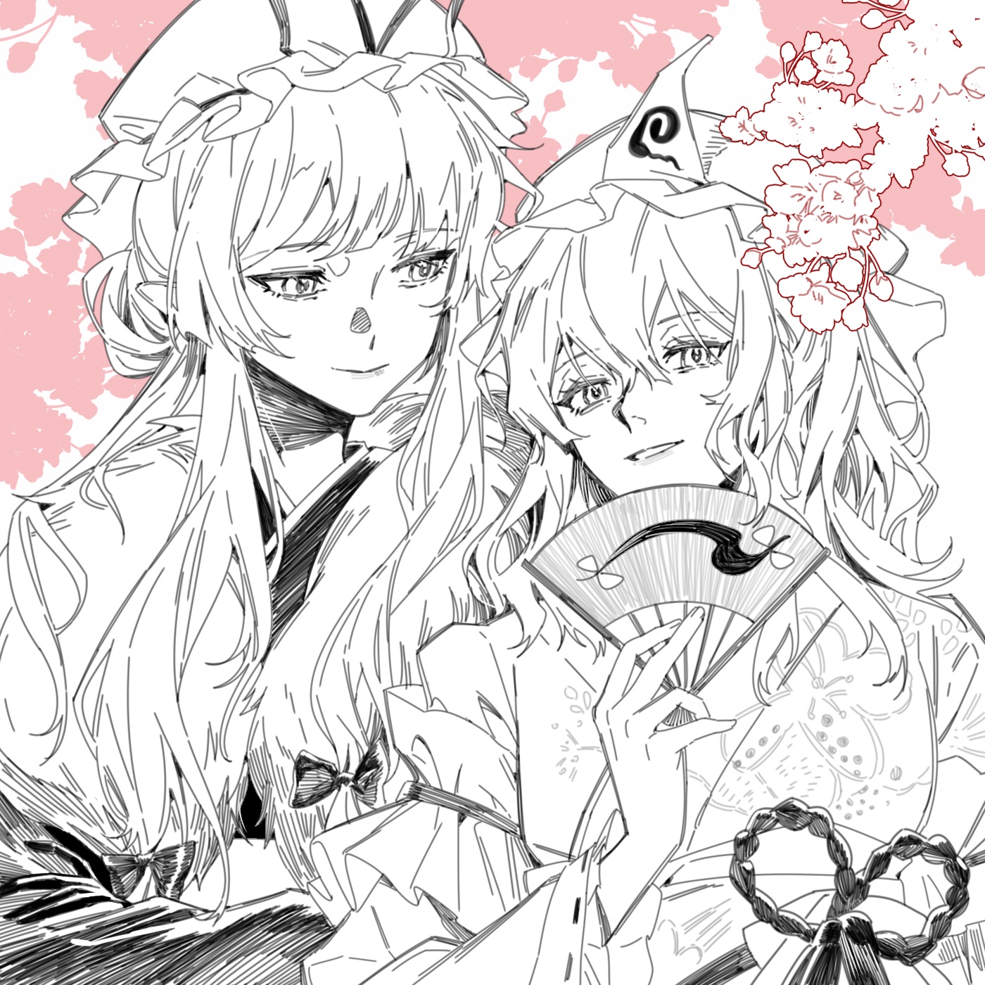 a black and white line drawing of two anime girls in traditional japanese kimonos. the girl on the left has long black hair and is wearing a black kimono. the girl on the right has long blonde hair and is wearing a white kimono. they are both smiling and look like they are close friends. the girl on the right is holding a fan. there are flowers in the background. the art style is anime and manga, with a focus on the girls' features and expressions. the overall impression is one of joy and friendship.