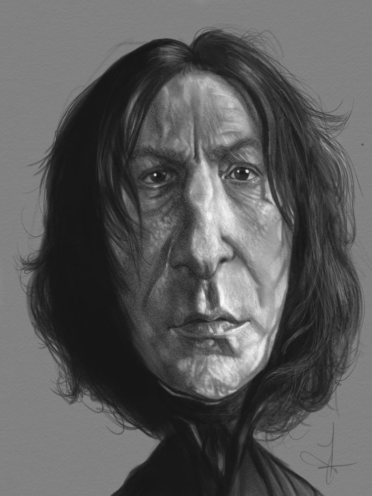 a black and white caricature drawing of severus snape, portrayed by alan rickman, from the harry potter series. the image is in grayscale, focusing on snape's features, including his long face, prominent nose, and stern expression.