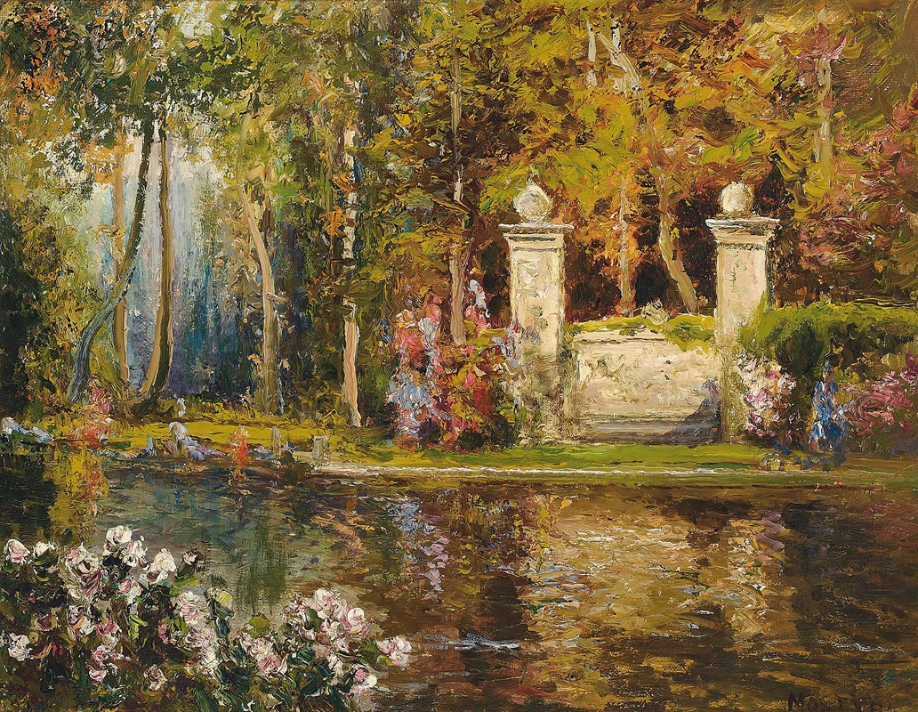 the painting depicts a serene landscape featuring a pond reflecting the surrounding foliage and sky. a white stone gate with decorative columns stands prominently in the midground, flanked by colorful flowers and bushes. beyond the gate, trees with lush green and golden leaves create a dense backdrop. the foreground includes blooming white flowers near the water's edge. the overall style is reminiscent of impressionism, with loose brushstrokes and a focus on capturing light and color. the scene is peaceful and evocative of a wellmaintained garden or park.