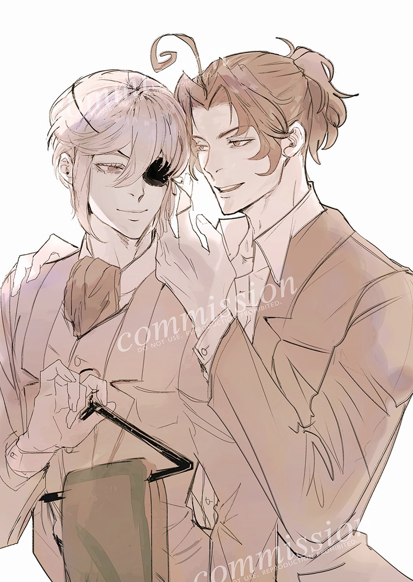 this is an illustration of two anime boys. the one on the left has an eyepatch and his hair is down. he has a suit jacket on. the boy on the right has a suit jacket on and his hair is tied up in a ponytail. the