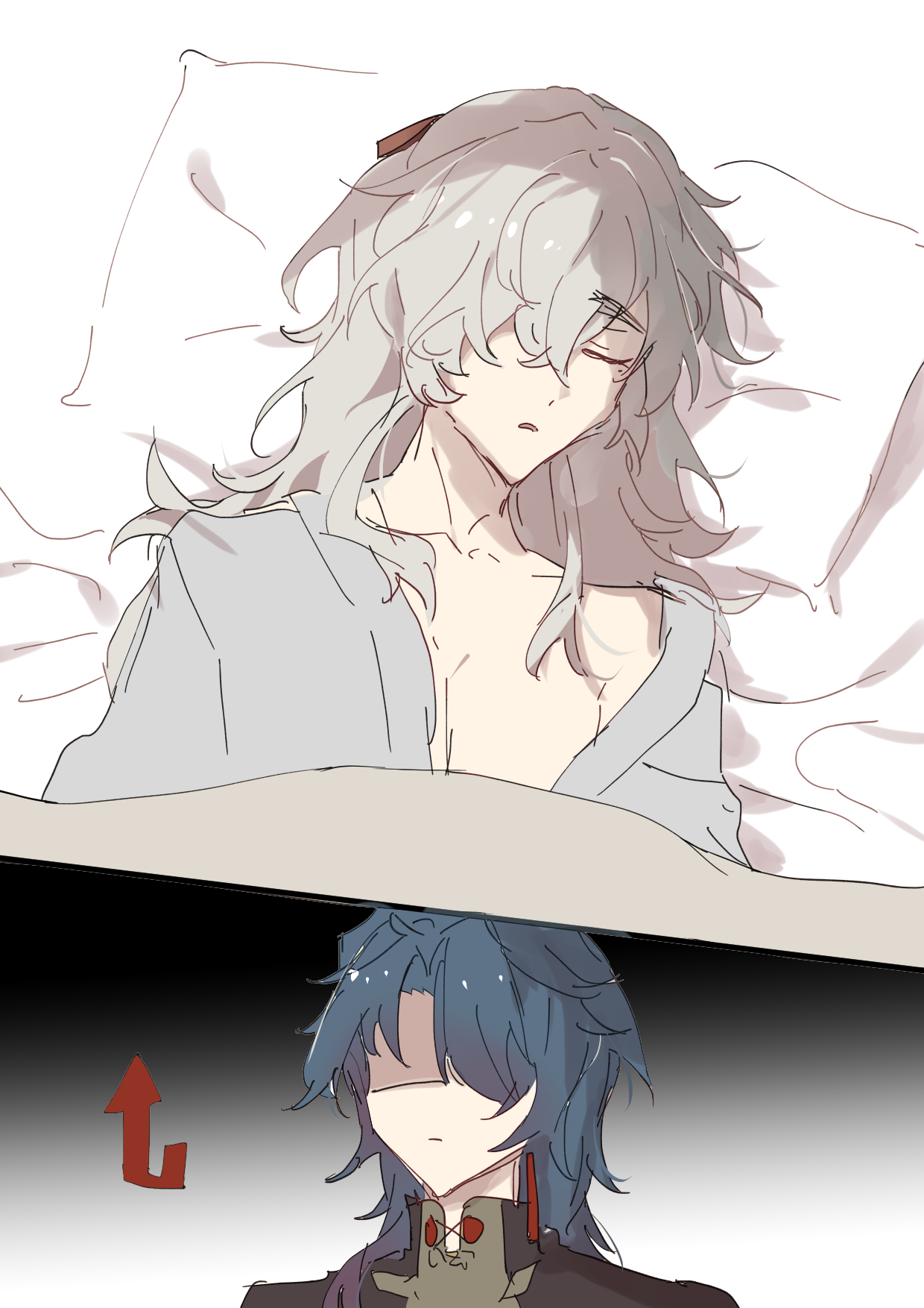 the image shows a sleeping boy with white hair lying on a bed with a pillow. he is wearing white clothing. below the bed, a boy with blue hair can be seen looking at the sleeping boy. the sleeping boy's eyes are closed, but the boy looking at him has one eye open. the image is in a cartoon style. the boy with white hair is drawn in light colors, while the boy with blue hair is drawn in darker colors. the image gives off a sense of calm and peace.