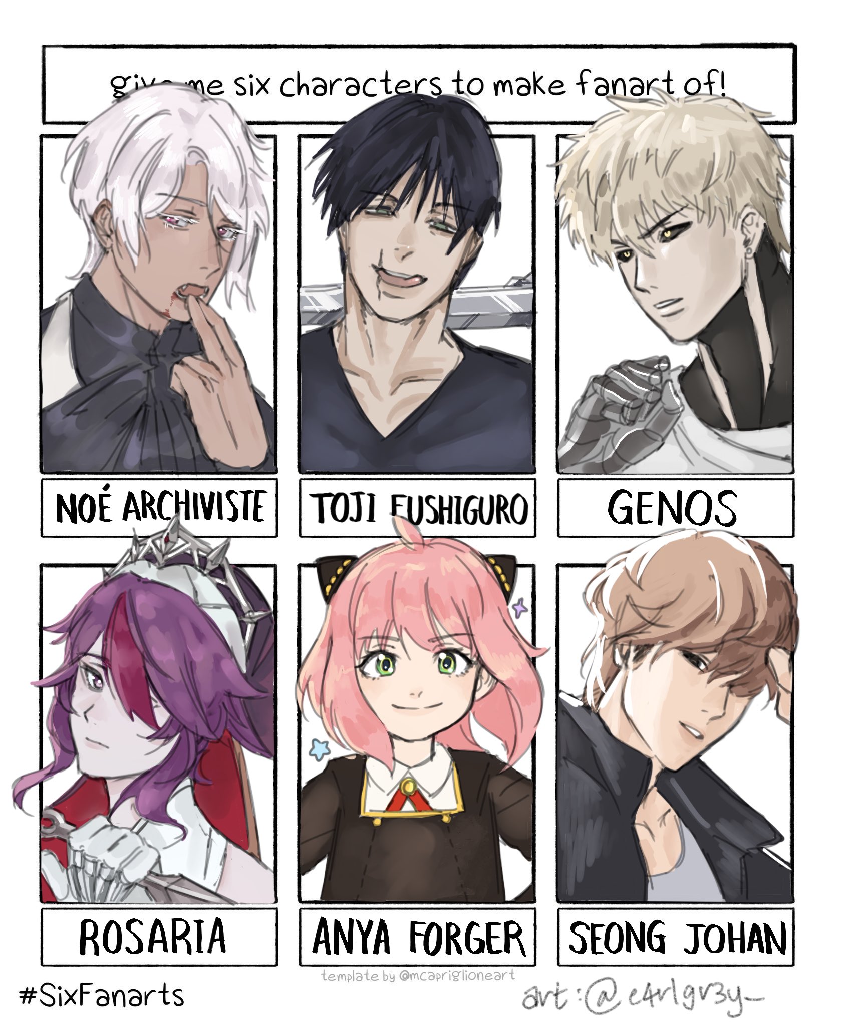 the image is a six fanart challenge template. the template features six squares, each containing a different anime character. the characters are from different anime series. the characters are drawn in a semirealistic style, with a focus on their facial features and expressions. the image is a call to artists to draw fan art of the characters.