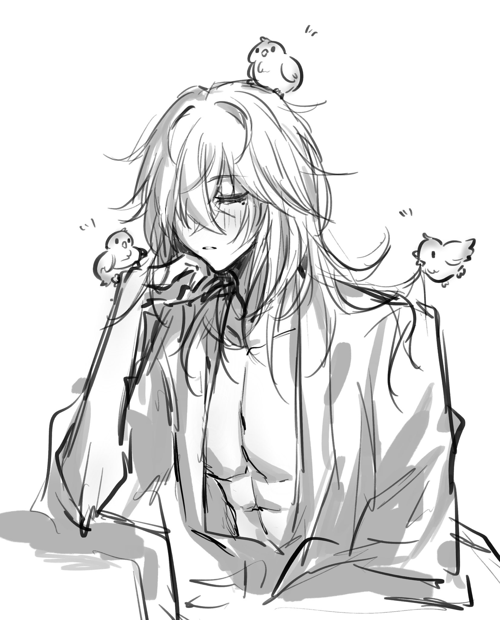 a black and white line art sketch of a sadlooking anime character with long white hair. the character is wearing a loose, open kimono and has three small birds perched on their head and shoulder. the character is looking down and has a forlorn expression on their face. the artwork is a sketch style with simple lines and shading.