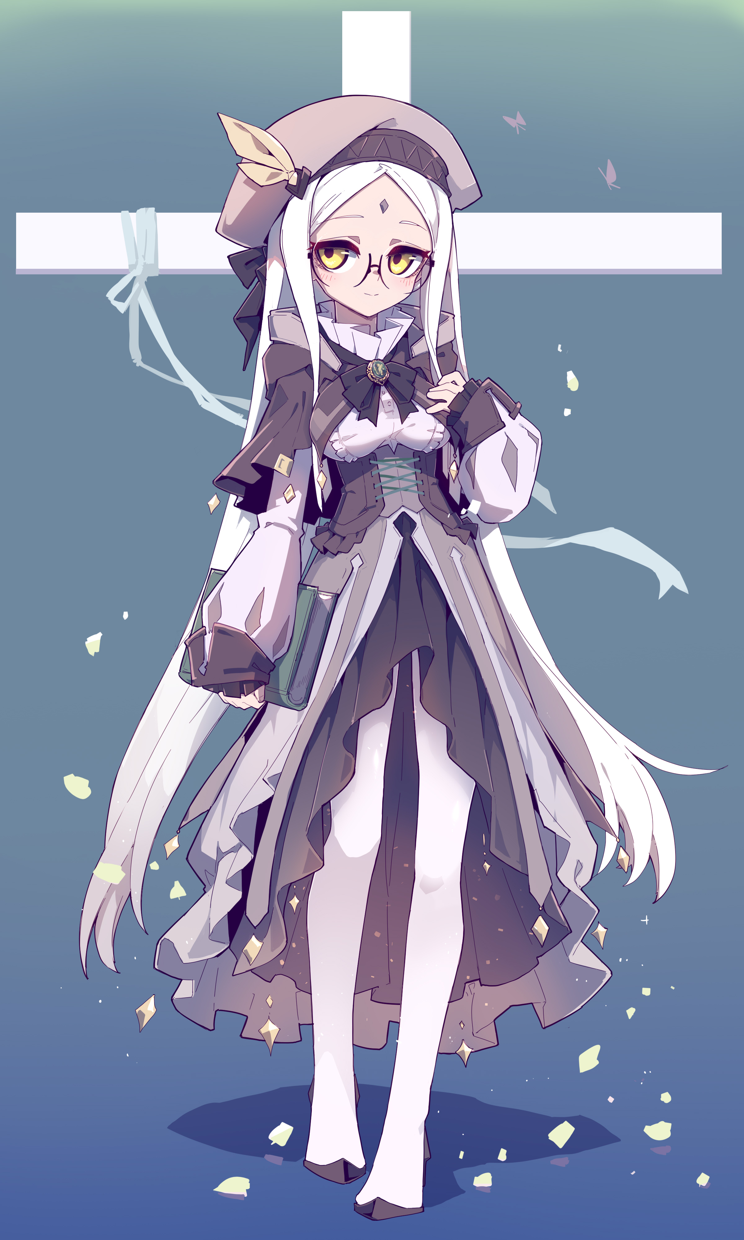 a fullbody digital anime style image of a girl dressed as a cleric. she has long white hair and wears glasses, a dark gray robe with white sleeves and a large bow at her chest, and a hat with a feather. in her left hand, she is carrying a book. behind her is a large white cross tied with ribbons. there are butterflies and scattered jewels around her.
