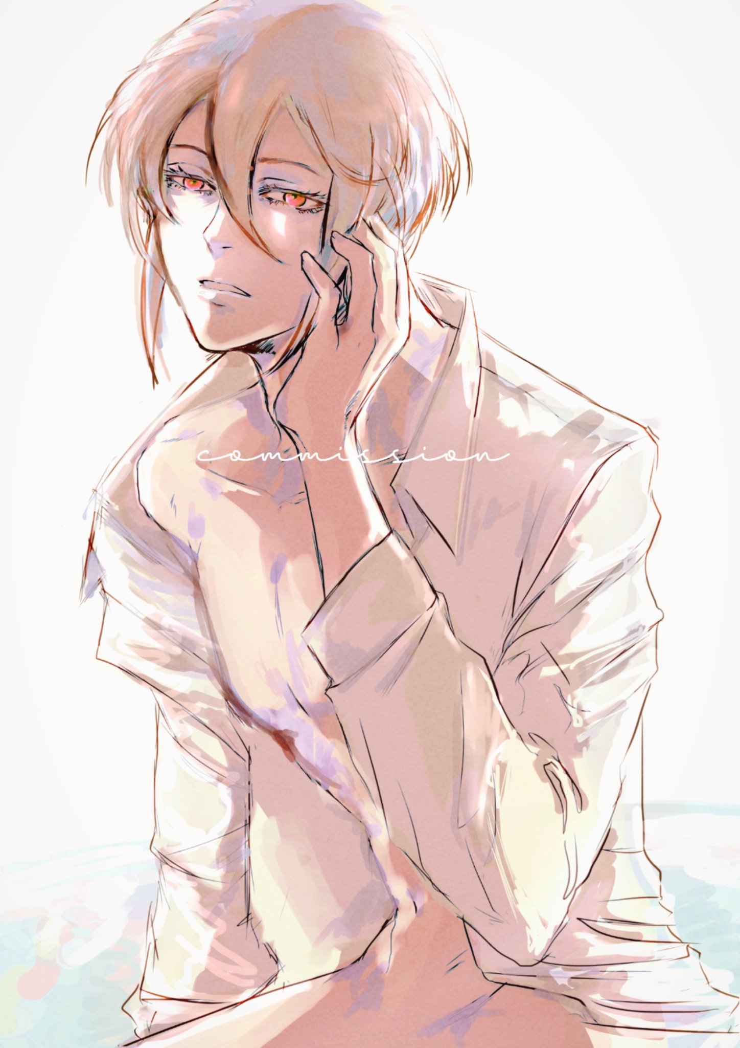 the image shows a handsome anime male character sitting and looking down with a pensive expression. he has blond hair, red eyes, and is wearing a white buttondown shirt. the art style is soft and dreamy, with a light and airy background.  the character seems thoughtful and perhaps a little sad, creating a melancholic and romantic atmosphere.