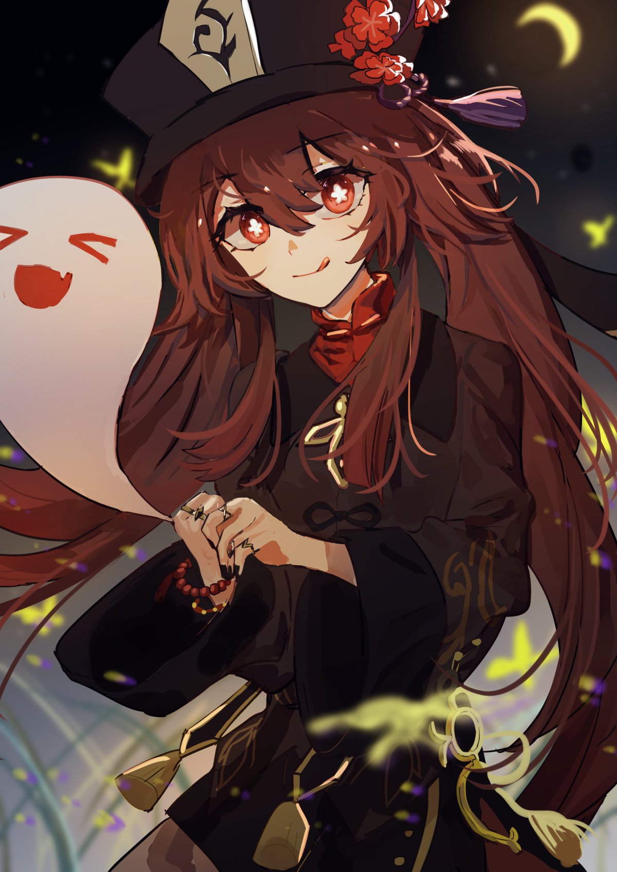 an anime girl with long red hair, wearing a black dress with gold trim, a red scarf, and a hat. she has red eyes and a bright smile. she is holding a white ghost with a happy face. she is standing in a night sky filled with stars and a moon. the scene is dark and fantastical.
