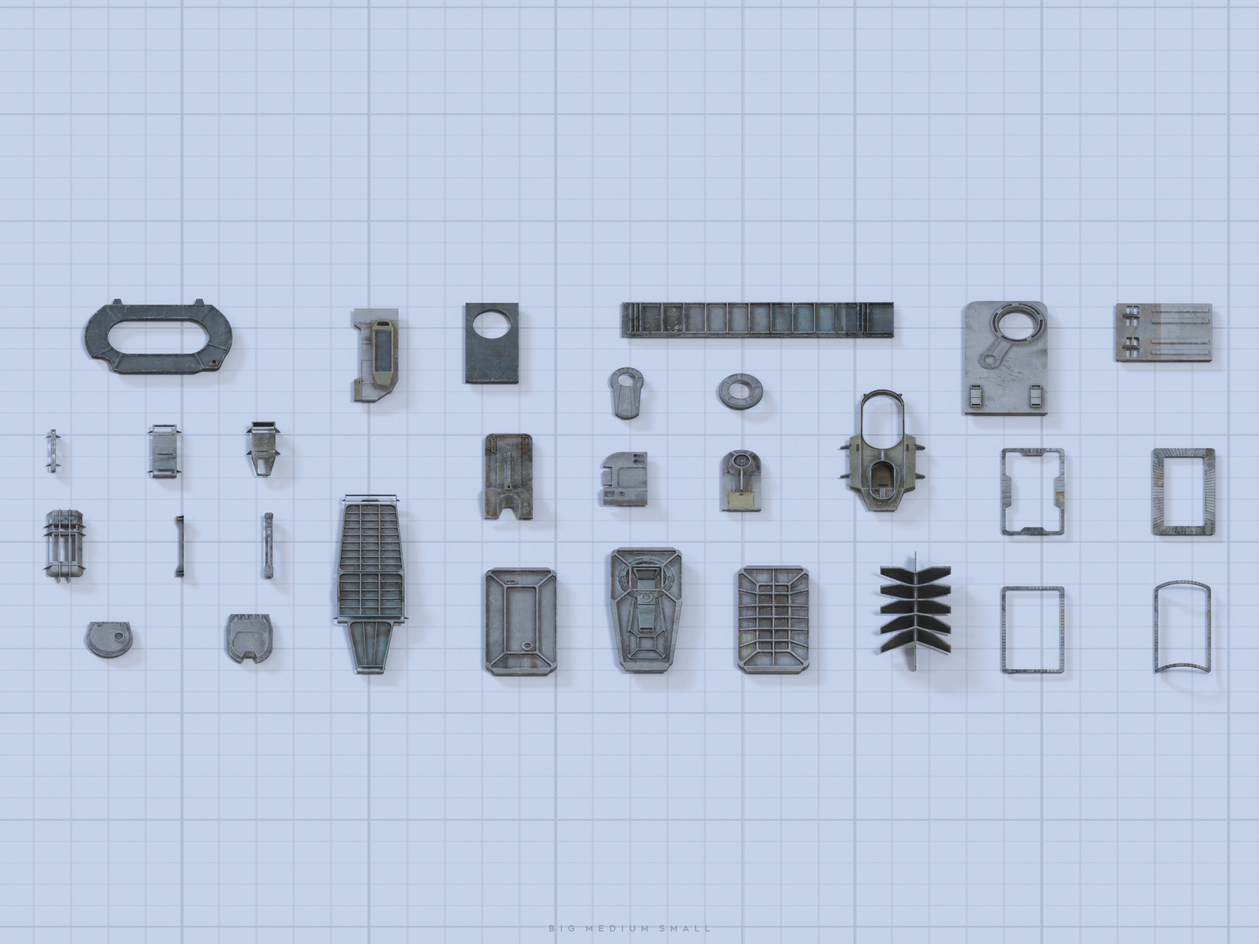 an overhead shot shows many small, grey metal parts spread out on a blueprint background in a grid pattern. the parts look like they are from some sort of machinery or vehicle.