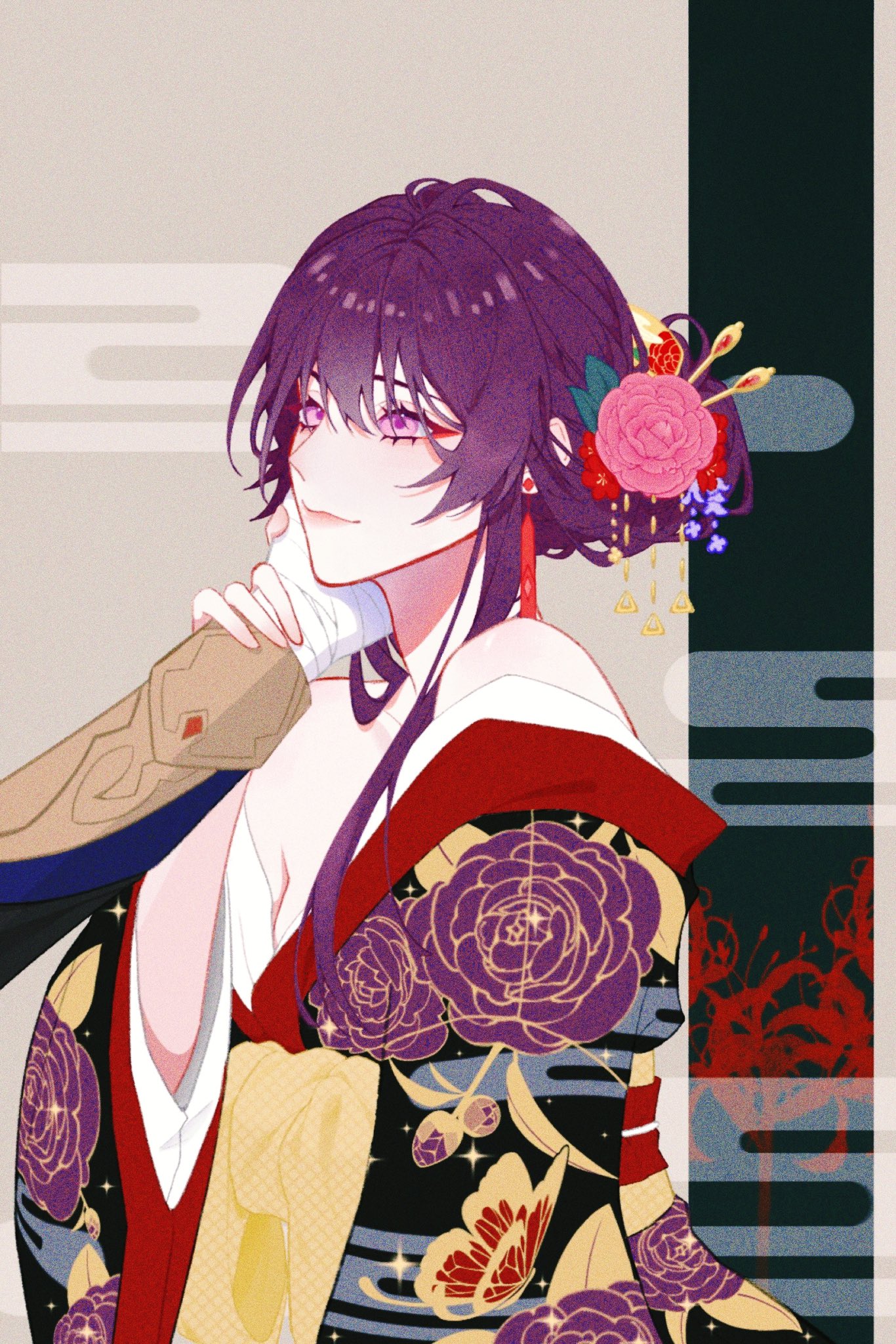 the image is an anime illustration of a young woman in a traditional japanese kimono. she has long purple hair and a floral hair ornament. she is smiling gently, and her eyes are closed. the kimono is black with gold and red accents, and it features a variety of floral patterns. the background is a soft beige color with some abstract elements of traditional japanese art. overall, the image is delicate, romantic, and beautiful.