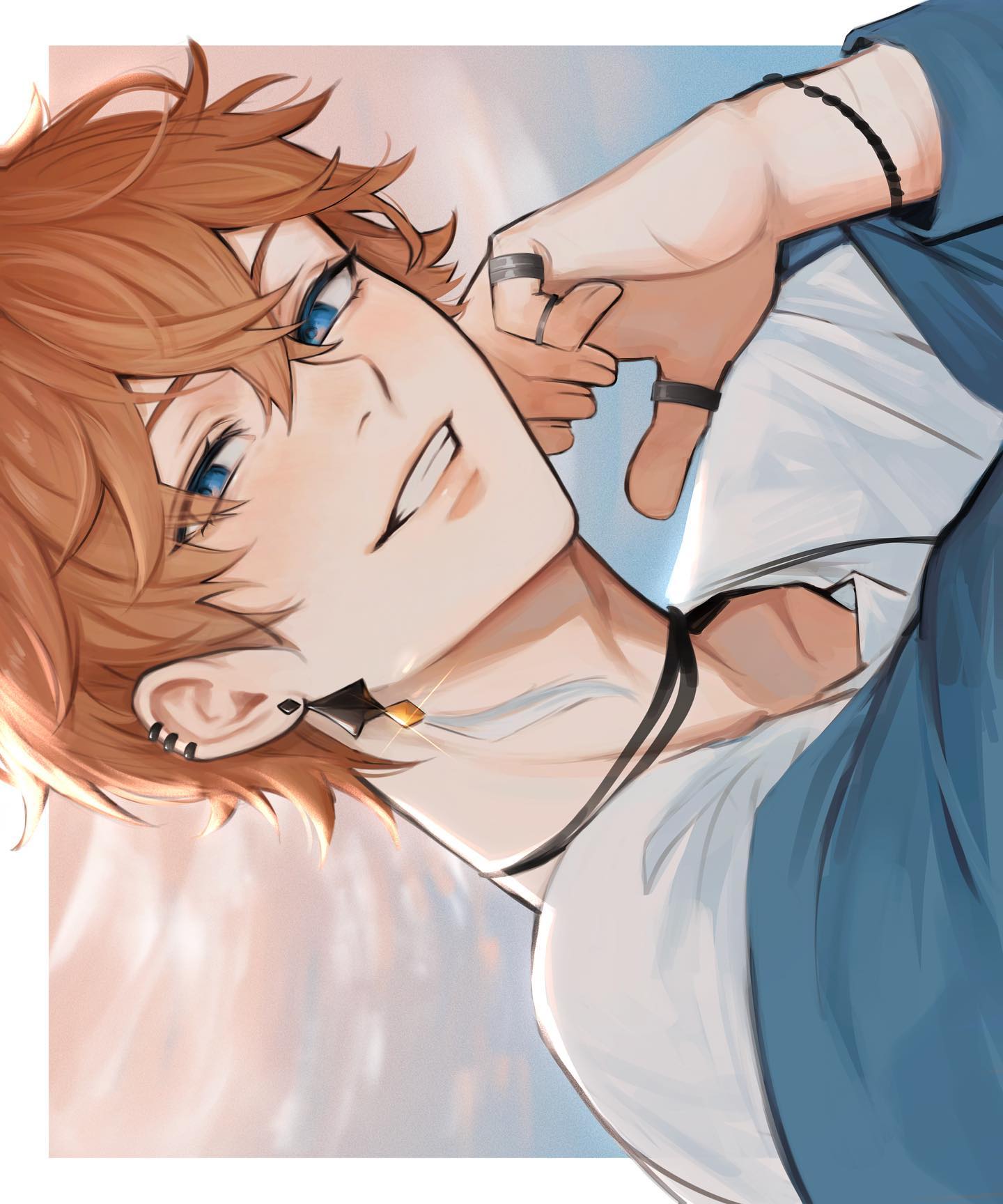 the image is a digital fan art drawing of a handsome animestyle young man. he has bright orange hair and striking blue eyes, and a pleasant, almost dreamy expression. he's wearing a casual outfit consisting of a white shirt and a blue jacket.  his hand is gently touching his face, adding to the relaxed and intimate feel. the style is soft and painterly, with a focus on smooth lines and subtle shading. the background is a blurry, soft light suggesting a sky, further enhancing the dreamy atmosphere.  he's adorned with various accessories including a choker, earrings, rings, and bracelets.  the overall mood is romantic and captivating.