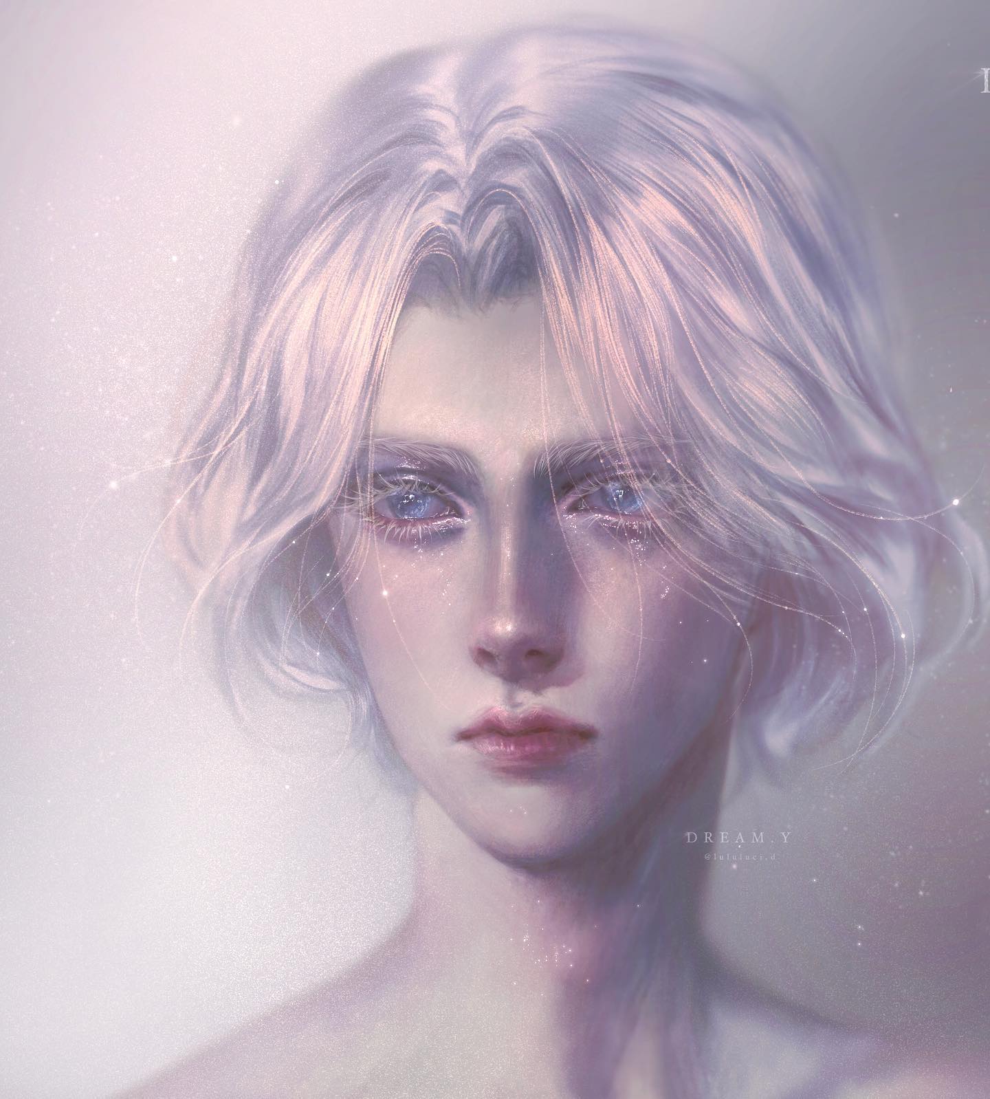 the image depicts a young man with flowing white hair and delicate features. his pale skin is dotted with shimmering sparkles, enhancing his ethereal appearance. he gazes directly at the viewer with large, expressive eyes that convey a sense of sadness or longing. the soft lighting and simple background contribute to the overall dreamy and otherworldly atmosphere of the portrait.
