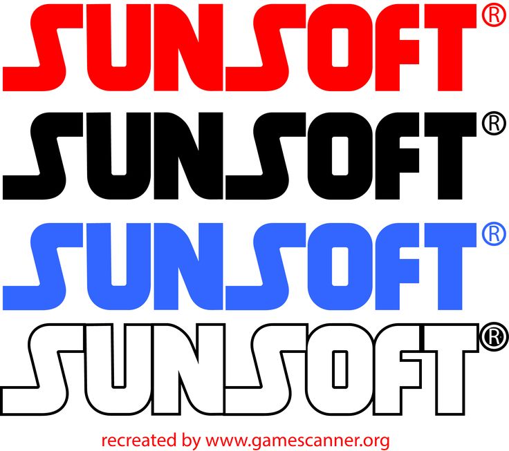 the image showcases the sunsoft logo in four different colors: red, black, blue, and white. each logo features the word "sunsoft" in a distinctive, bold font with a registered trademark symbol (r) to its right. the logos are stacked on top of each other, with the red one at the top and the white one at the bottom. the image evokes a sense of nostalgia for classic video games and their associated branding.