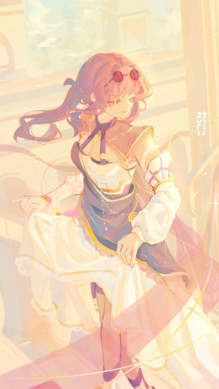 the image showcases a digital painting of an animestyle girl. she possesses long pink hair styled in a side ponytail and is wearing stylish sunglasses. her attire consists of an elegant, flowing dress with a pastel color scheme, featuring gold accents. the dress is primarily white and light yellow, complemented by a darker purple underlayer and gold detailing. her pose is graceful and suggestive of movement. the background is soft and hazy, with warm, pastel colors dominating the scene, creating a dreamy and whimsical atmosphere. the overall style is soft and delicate, emphasizing elegance and fantasy.