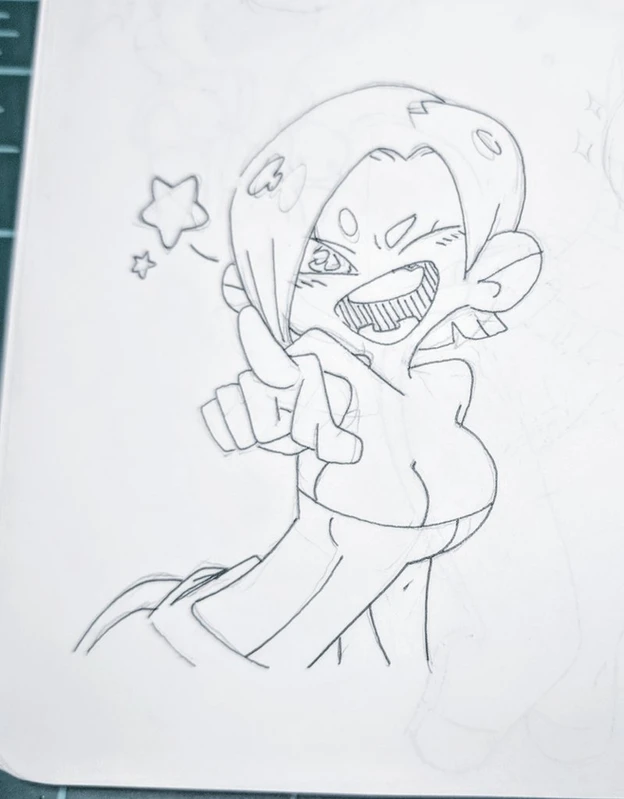 a handdrawn sketch of a cartoon girl with exaggerated features. she's smiling and pointing with one finger and a star behind her. the drawing is done in pencil.