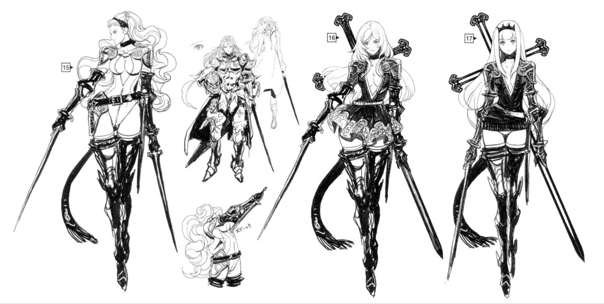 the image is a page of black and white concept art sketches showing a female warrior character in various outfits and poses.  she is armed with a pair of swords and is dressed in armorlike clothing.