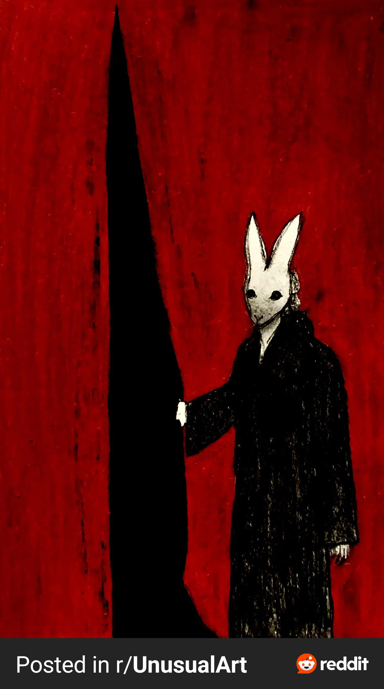 the image features a figure wearing a rabbit mask and a long black coat, standing next to a tall, sharp, black shape against a red background. the artwork has a creepy and surreal vibe.