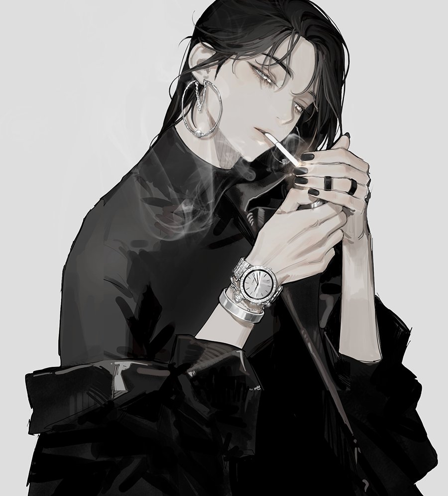the image is a digital painting or illustration of a young animestyle male character.  he has long black hair, is wearing a black jacket, large hoop earrings, and a wristwatch. he's holding a lit cigarette and lighter, exhaling smoke. the overall style is dark, elegant, and somewhat mysterious, with a focus on detail in the clothing and the character's expression. the color palette is primarily black, white, and shades of gray, giving it a monochrome or grayscale feel.