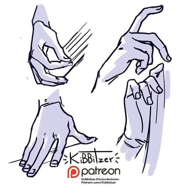 this image is a line art sketch of various hand poses and gestures drawn on a white background. the image contains four different hand poses and gestures, all drawn in a simple, stylized manner with thin lines. the drawing is labeled at the bottom with the artist's name and website address. the title "kibbbitzer patreon" suggests this is a digital tutorial or resource provided by a patreon creator. the image provides a useful reference for artists who are trying to learn how to draw hands.