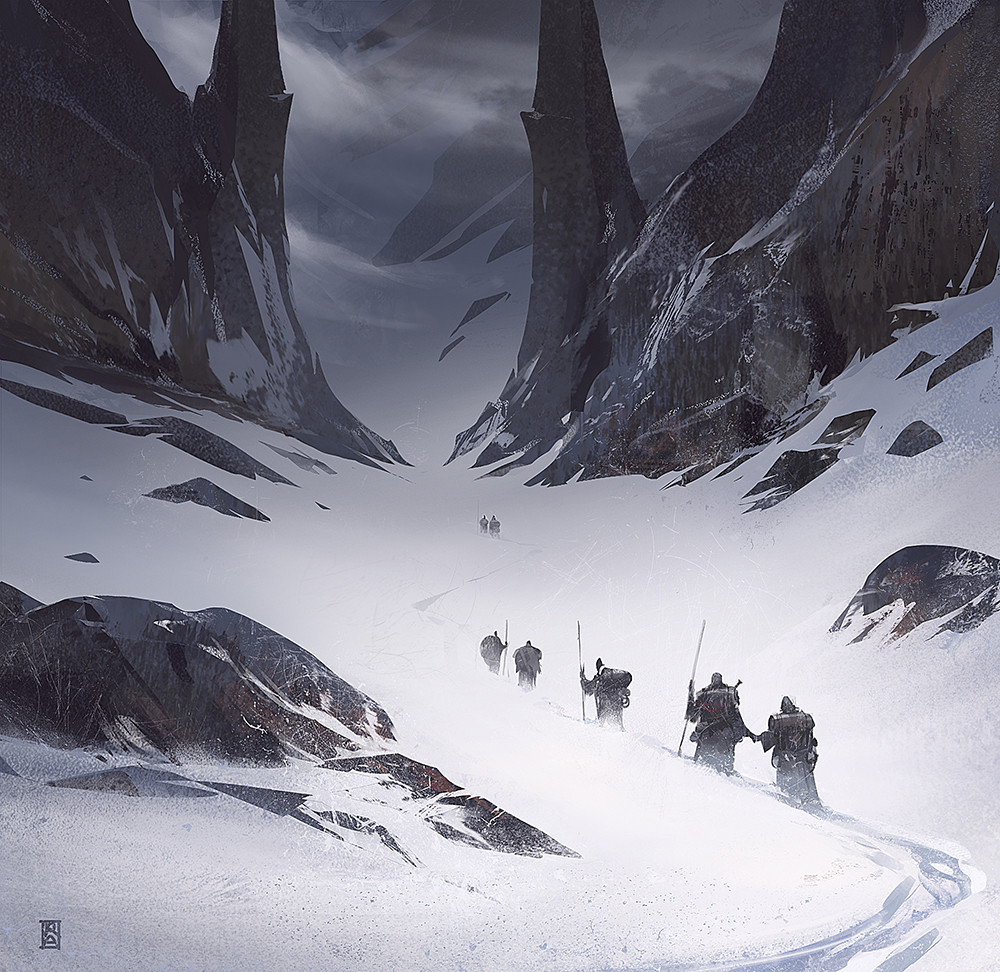 a group of people hike through a snowy valley between two large rock cliffs. the sky is overcast, and the valley is covered in snow, giving the image a cold and desolate feeling. the path is winding and narrow, suggesting a long and difficult journey. the silhouettes of the people suggest that they are on an adventure, and the mysterious setting of the image suggests that they are facing unknown challenges. the bleak and dark setting of the image creates a sense of mystery and adventure.