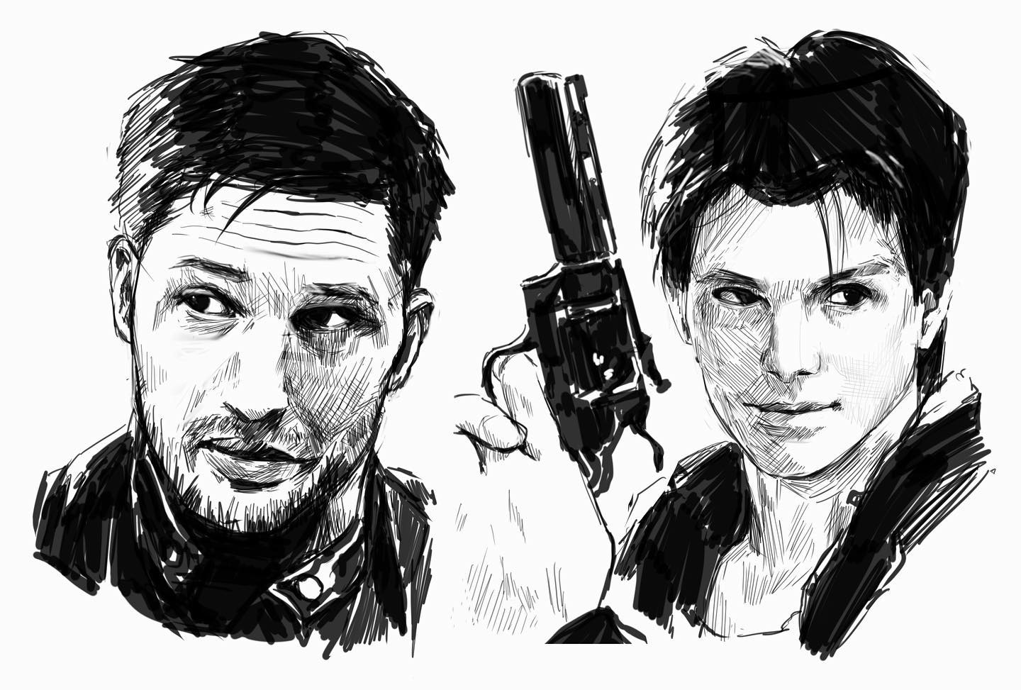 a black and white sketch of two men. the man on the left is looking to the side while the man on the right is looking straight ahead. the man on the right is holding a gun in his hand. the men look serious and intense.