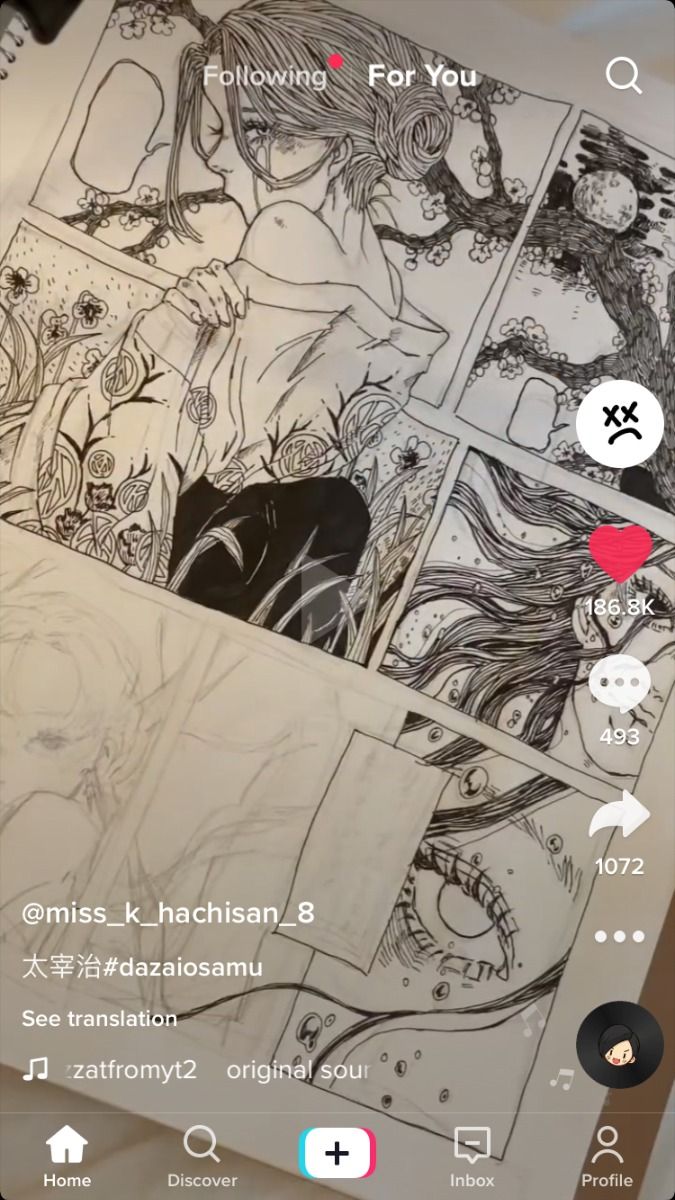 the image shows a tiktok post featuring a series of mangastyle drawings. the artwork is primarily in black and white ink, depicting a young woman with long hair, often appearing sad or melancholic. the drawings incorporate elements of nature, such as cherry blossoms and a tree, creating a visually evocative narrative. the artwork shows different panels reminiscent of a comic book or manga, conveying a story or sequence of events. the tiktok interface is visible, displaying the number of likes, shares, and comments. the username and hashtags suggest the art is fan art related to the character dazai osamu.