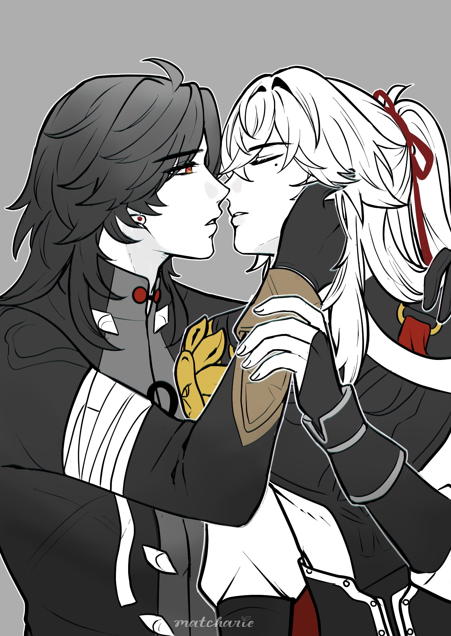the image depicts a couple in love, with a blackhaired male in a black jacket and a whitehaired female in a black and white attire. they are in a close embrace, and the man appears to be leaning in to kiss the woman on the lips. the image is rendered in black and white, creating a dramatic and intimate mood. the expressions on their faces convey a sense of deep love and affection.