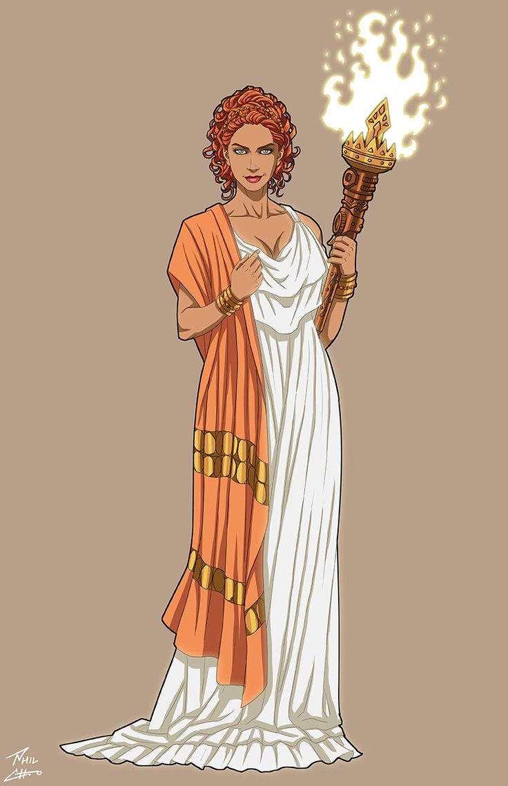 the image is a digital illustration of hestia, the greek goddess of the hearth, home, and family. she is depicted as a beautiful redhead woman with curly hair, wearing a flowing white chiton (dress) and a long, draped orange stola (shawl) with gold detailing.  hestia holds a burning torch aloft, symbolizing her divine power and association with fire. her expression is calm and regal. the art style is clean and stylized, with a focus on the character's design and elegant attire. the background is a simple, muted beige, which draws attention to the figure. the overall impression is one of serenity and power, consistent with representations of the greek goddess.