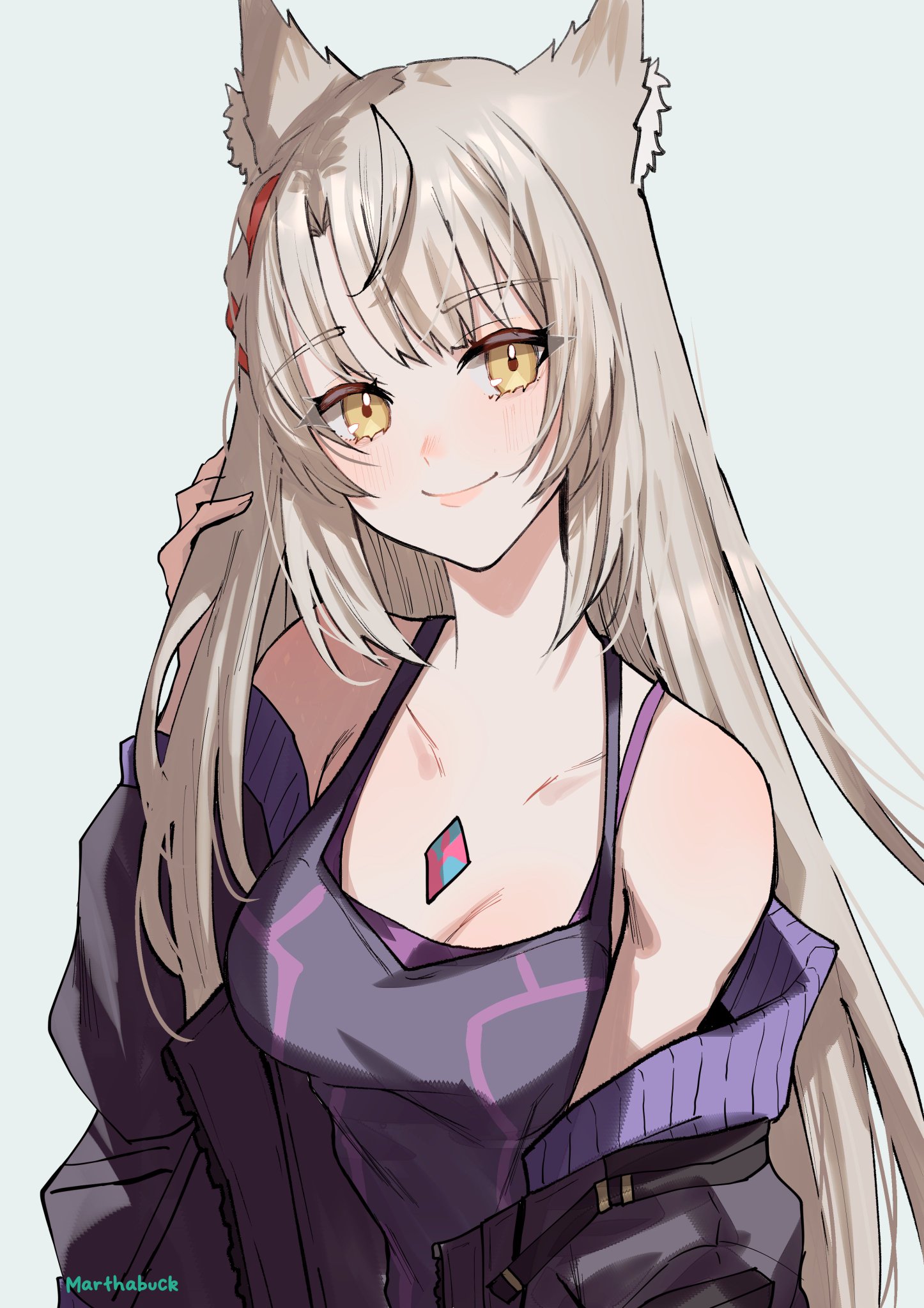 a digital illustration of an anime girl with white hair and cat ears.  she is wearing a purple tank top and a black jacket and is smiling at the viewer.
