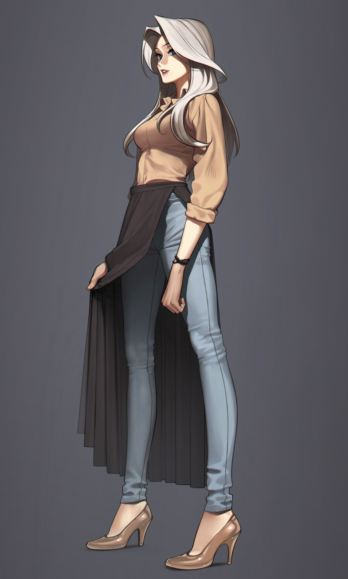 a digitally illustrated female character with long white hair is depicted standing against a neutral gray background.  she wears a stylish ensemble of a cropped tan shirt, blue jeans, and a long black apron. her look is completed with brown high heels. the lighting suggests a studio setup, highlighting the character's features and attire. the slight low angle adds to her confident posture.