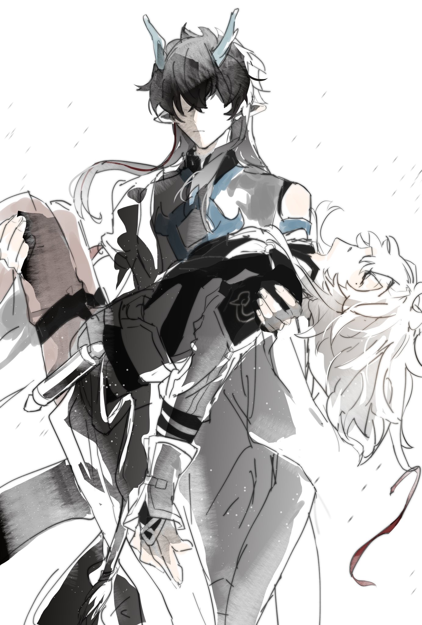 this is a digital sketch of two male anime characters in a dramatic action pose. the character in the front appears to be carrying the other character who is wounded. the character in the front is dressed in black clothing and a cape with horns and wings, while the character being carried is dressed in white and is covered in blood.