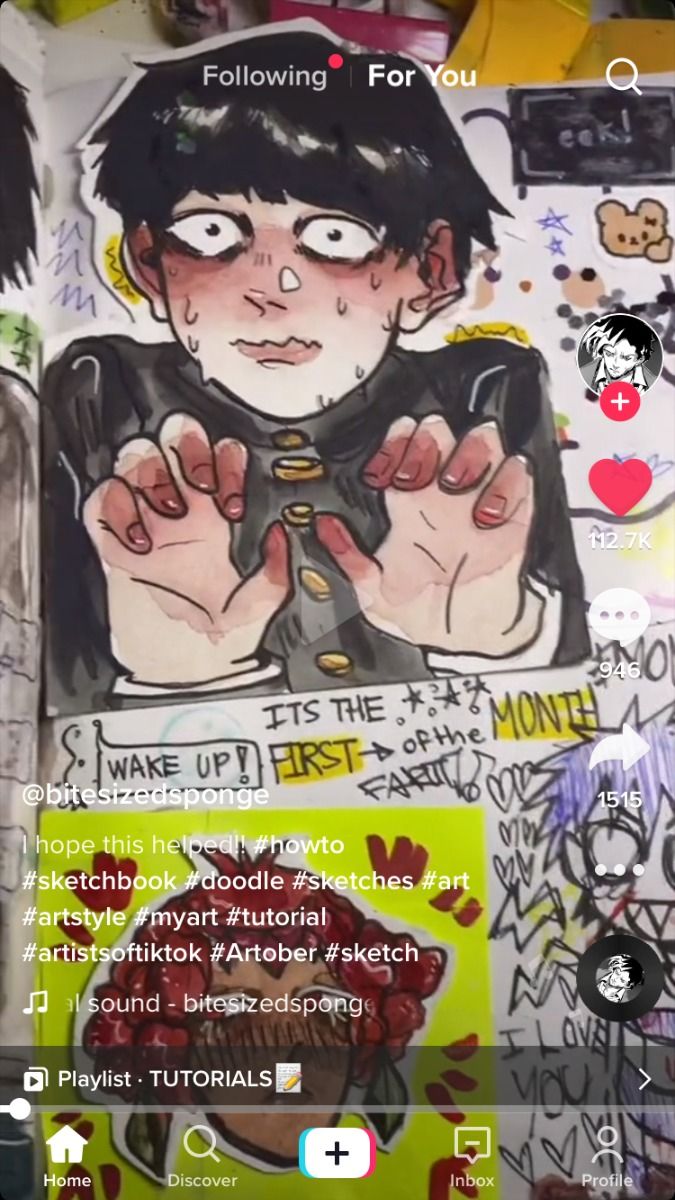 the image is a tiktok video showing a closeup of a sketchbook page featuring fanart of mob from the anime mob psycho 100. the drawing is done in a style combining watercolor and other mediums, and shows mob with a worried expression and his hands raised.  the video's creator, @bitesizedsponge, provides hashtags and describes it as a tutorial. the sketchbook page also includes other drawings and doodles, indicating a collection of artwork.  the bottom of the image shows the tiktok interface, including buttons for home, discover, creating a video, inbox, and profile.  the video has a large number of likes and comments.