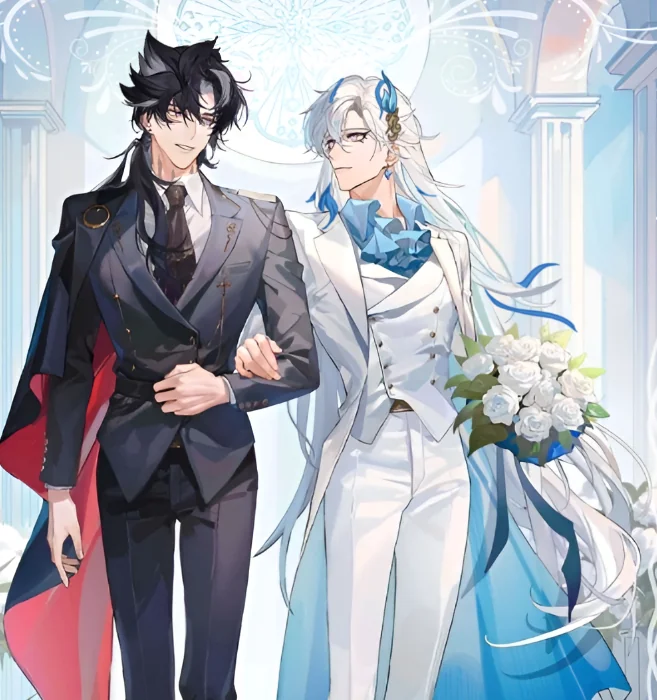 two anime men, one in a black suit and one in a white suit, walk down a pathway towards a wedding arch. the man in the black suit wears a red cape and carries a bouquet of flowers. the man in the white suit wears a white tuxedo and holds a bouquet of white flowers. the man in the black suit is on the left and looks at the camera, while the man in the white suit is on the right and looks at the man in black suit. both are looking happy and enjoying their wedding. the background is a beautiful illustration of a garden with clouds.