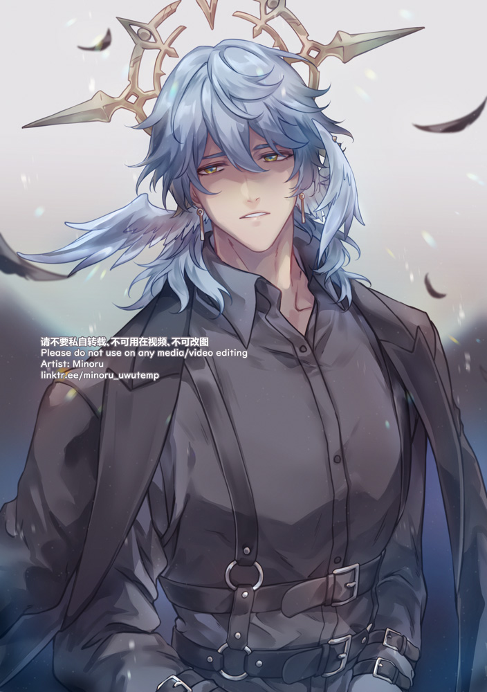 the image is a digital illustration of a young man with blue hair and white wings. he's wearing a black suit and has a halo over his head. the halo has a gold design and is adorned with feathers. the man's eyes are grey and he has a serious expression. he is looking down at the viewer. the illustration is done in a very detailed and realistic style, with great attention to detail in the clothing, hair, and facial features. the background of the image is a soft blue, with some white feathers floating around.