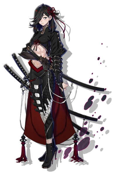 the image showcases a female character design, likely for a game or anime, with a distinct samuraiinspired aesthetic. she stands confidently, wielding two katanas, her attire a striking mix of black and red fabric with armor plating. the background is a stark black, drawing focus to the character and emphasizing the dramatic lighting that highlights her figure.