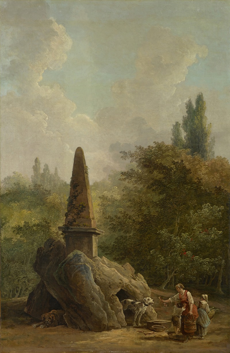 the painting depicts a landscape with a classical obelisk in the left foreground. the obelisk stands atop a base and is partially covered in ivy. to its left are large, weathered rocks forming a small cavelike opening. a woman dressed in a red vest and lightcolored dress stands in the right foreground, extending her hand to a white and brown spotted dog. next to her is a child wearing a lightcolored dress, holding a small bucket. another child is standing behind the woman. a brown bucket is placed near the woman. there is also a shallow basin with some scattered sticks. the background features dense woodland with various trees, their leaves rendered in muted greens and browns. the sky is filled with large, billowy clouds. the overall scene evokes a sense of tranquility and a pastoral setting.