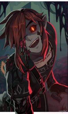 a close up of a dark, mysterious character with red eyes, black hair, and shadowy features looking creepy and evil. the character is dressed in dark clothing and has a glowing red aura. the character's expression is menacing. the character is likely from a video game or anime/manga.