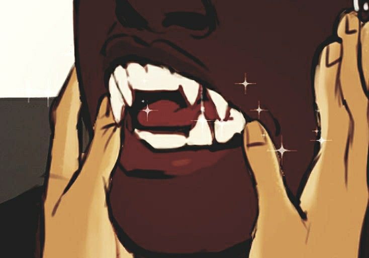 a closeup of a vampire's face with fangs, showing a wide open mouth. the image is drawn in a dark, horrorlike style. the vampire's skin is dark and the fangs are sharp and pointed. there are sparkly highlights around the mouth. the vampire's hand is reaching up to its face, as if to touch its fangs. this image could be interpreted as a supernatural image showing the evil and scary aspects of a vampire.