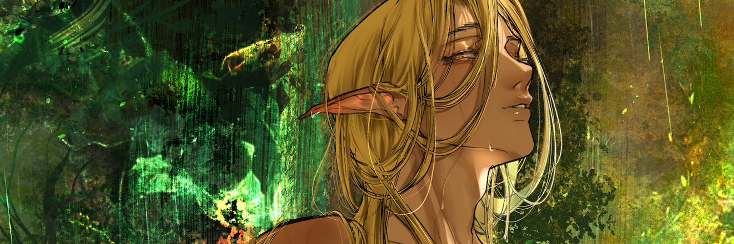 a closeup illustration of an animestyle elf character with long blonde hair, staring sadly out to their right, with a background of stylized forest imagery. the elf's hair has a watercolorlike texture, with a loose and flowing style that blends with the background. the eyes are soft and filled with sadness. the scene evokes a sense of loneliness and isolation within nature. the lighting is gentle and soft, contributing to the melancholic mood of the piece.